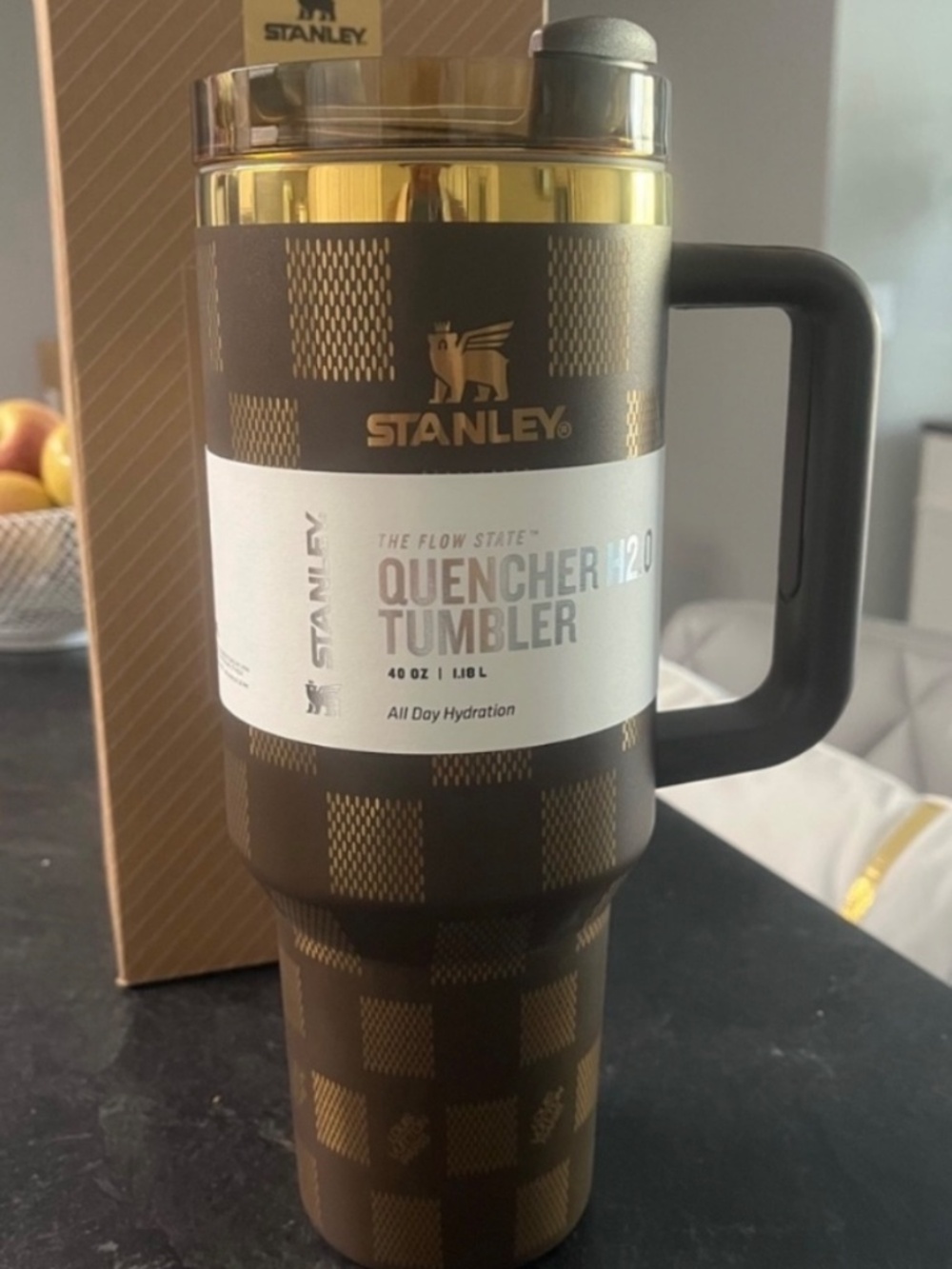 Stanley Chocolate Brown Gold Checkered Quencher Tumbler with Handle